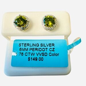Sterling Silver 6mm Round Halo Peridot & Cubic Zirconia  Stud Earrings NWT Green
